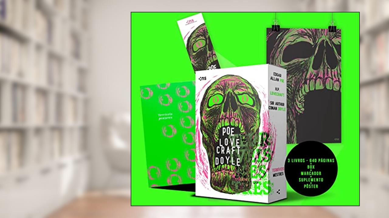 Capa de Box Terríveis Mestres (3 livros + pôster + suplemento), do autor Edgar Allan Poe; H.P. Lovecraft; Arthur Conan Doyle